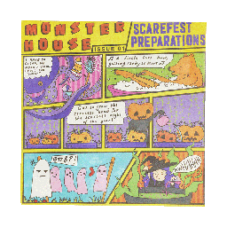 Monster House Lokta Wrap, a comic strip showing various ghouls getting ready for Halloween on a yellow background.