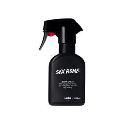 A spray bottle containing Sex Bomb body spray, made of opaque black Lush plastic.